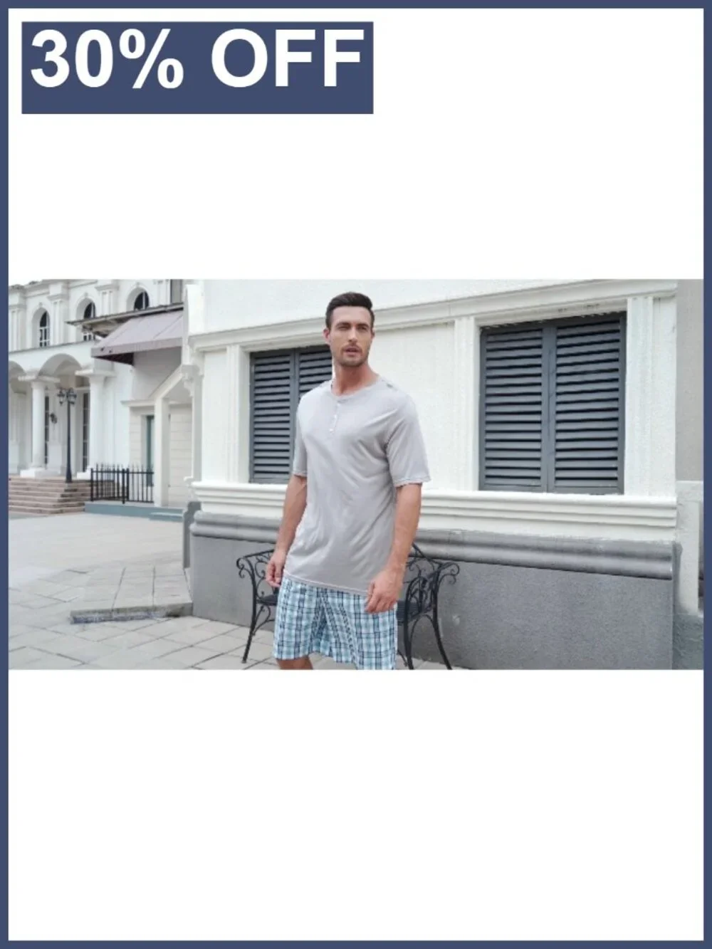 Men's Pajama Set Henley Collar, Breathable Bamboo Viscose & Cotton Short Sleeve